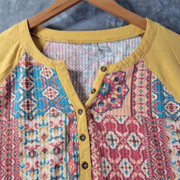 Cato Womens Patchwork Henley Top L Multicolor Boho Festival Casual Raglan Sleeve - Picture 4 of 9
